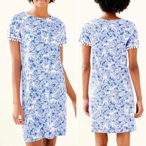 Lilly Pulitzer Lissie Pompom Dress Coastal Blue Fancy Feet Fox Print Size XXS